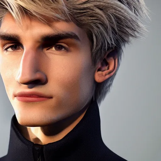 Image similar to a closeup shot of handsome xqc, gigachad, strong jawline, photorealism, 8k