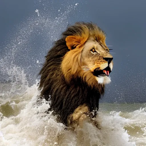 Image similar to a lion's face breaching through a wave, stormy weather