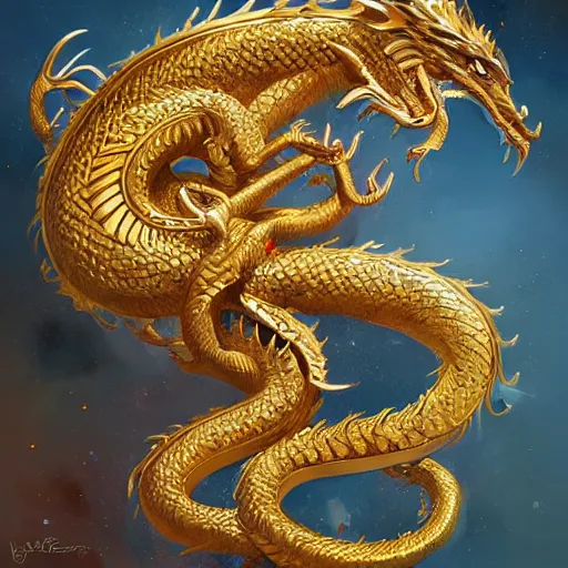 Prompt: golden dragon with jeweled eyes, art, fantasy, intricate, elegant, highly detailed, digital painting, trending on artstation, concept art, smooth, sharp focus, hyperrealistic, illustration, art by Loish and WLOP