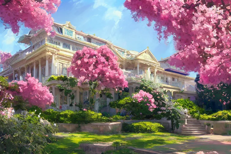 Image similar to green weed grow house, rococo style, greek architecture, pink marble building, sakura trees, sakura season dynamic lighting, landscape, artwork by jeremy lipkin and giuseppe dangelico pino and michael garmash and rob rey and greg manchess and huang guangjian and makoto shinkai, pixiv, 1 0 0 mm