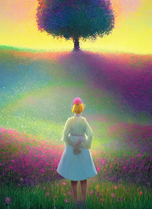 Image similar to girl with giant flower hair and flower dress, standing in a flower field hills, big trees, sunrise dramatic light, impressionist painting, colorful clouds, digital painting, pointillism, artstation, simon stalenhag