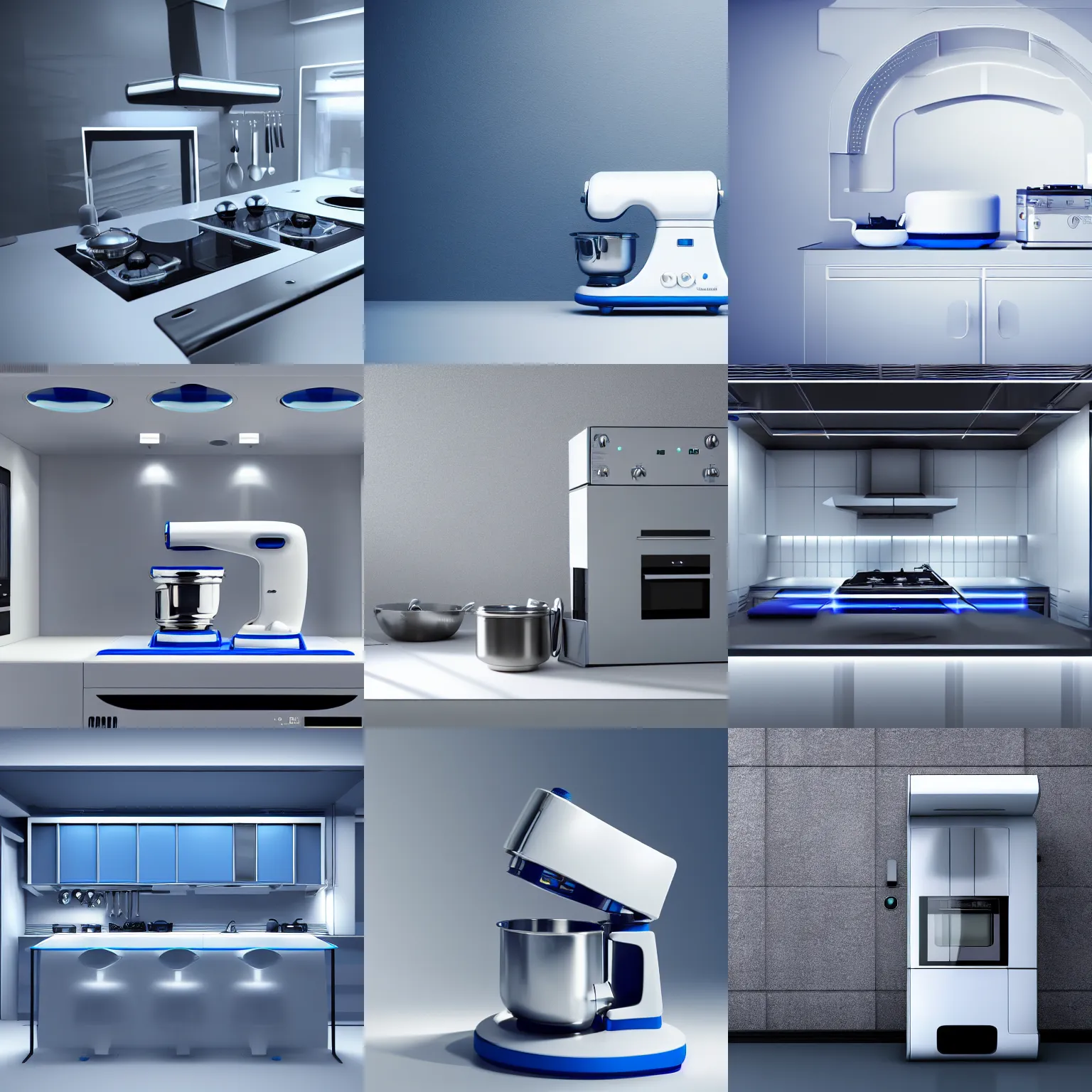 Prompt: futuristic kitchen machine, white, blue, silver, studio photo, studio light, high class, octane render, macro lens