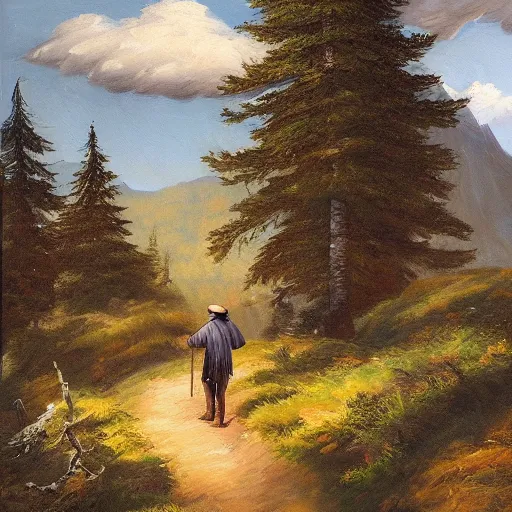 Prompt: a man in a grey cloak and brimmed hat with a staff travelling trough the mountains with trees, very detailed, colorful, oil painting, clouds, old man, alone, ravens