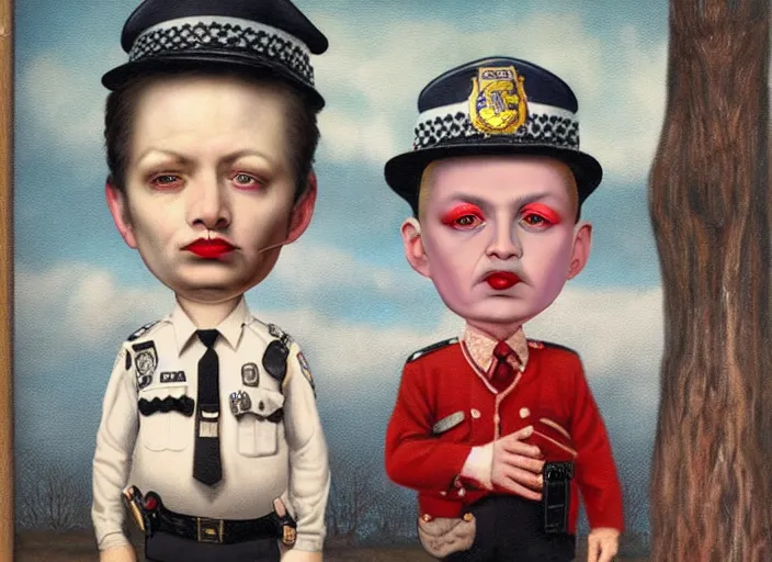 Image similar to a police officer made of donut, lowbrow, matte painting, 3 - d highly detailed, in the style of mark ryden,