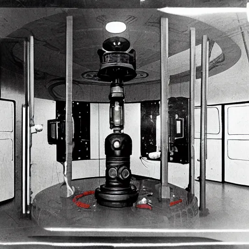 Image similar to interior photo of alien laboratory with strange device at the center of a room, colorful photo