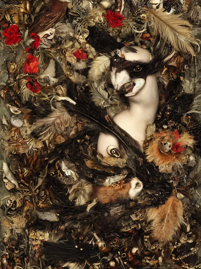 Image similar to Detailed maximalist portrait with cracked porcelain skin, dark doe eyes, a small rosebuf mouth, feather and milk, beetles and cicadas, fox fur and weasels, humminbirds and crows, HD mixed media, 3D collage, highly detailed and intricate, surreal illustration in the style of Caravaggio, dark art, baroque