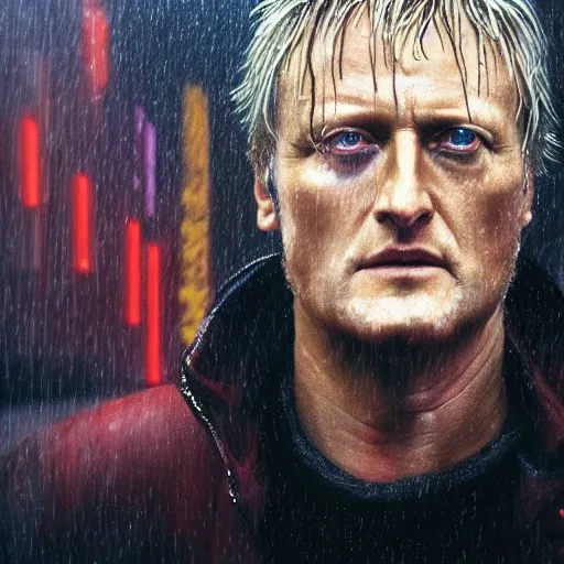 Image similar to cinematic portrait of rutger hauer in blade runner, perfect face, neon rain, moody, elegant, by alyssa monks, highly detailed, symmetrical face, fine details, masterpiece, trending on artstation