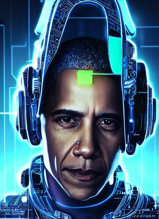 Prompt: cyberpunk portrait of beautiful cyber Barack Obama, Obama, cyberpunk, photorealistic, octane render, beautiful eyes, 35mm, coherent, intricate, 4k, intricate details, concept art, studio lighting, trending or artstation, award winning, hyperrealistic, 8k, hd