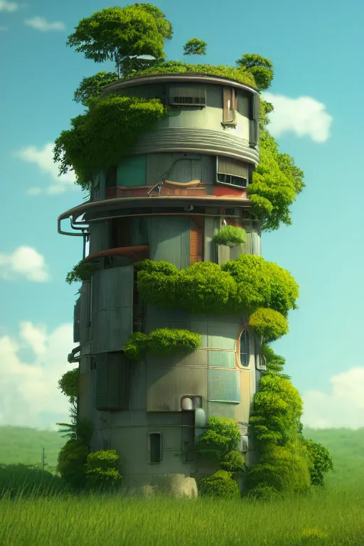 Image similar to cylindrical house, solarpunk, studio ghibli, jean - baptiste monge, octane render, 4 k