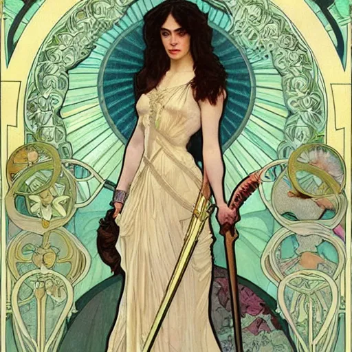 Image similar to a combination of Alexandra Daddario, Maisie Williams, Krysten Ritter, Anne Hathaway and Natalia Dwyer Christina Ricci and Lily Collins by Alphonse Mucha, Magali Villeneuve and Livia Prima