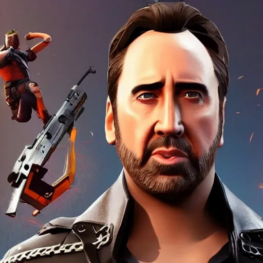 Image similar to nicholas cage in fortnite, character render, full body shot, highly detailed, in game render