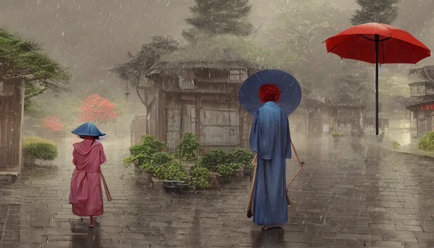 Prompt: old lady with her umbrella in rustic japanese village, raining, paint by hiromu arakawa, hyperdetailed, artstation, cgsociety, 8 k