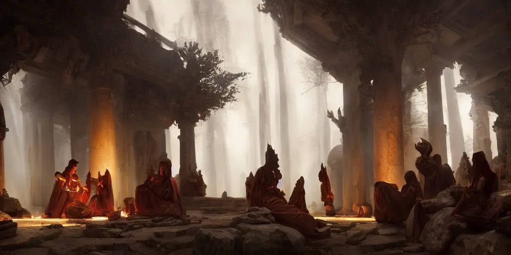 Prompt: an ancient sect performing a ritual in an ancient ruina, mythology, extremely detailed digital painting, in the style of velazquez and ruan jia and jeremy lipking and peter mohrbacher, mystical colors, edge light, beautiful lighting, 4 k, stunning scene, ray tracing, octane, trend in artstation
