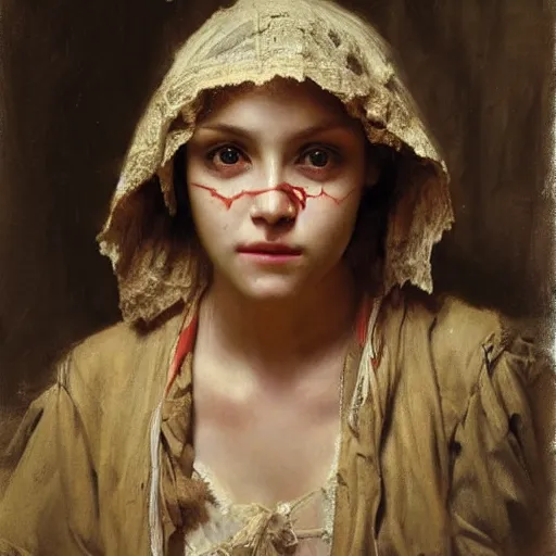 Prompt: portrait of a girl covered in scars wearing a black hood, extremely detailed painting by gaston bussiere and j. c. leyendecker 8 k