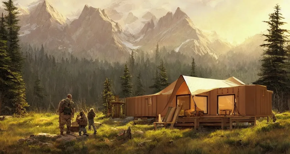 Image similar to cabela's beautiful comfortable community of modular insulated wall container home kit - house all weather military grade family dwelling tent house, person in foreground, mountainous forested wilderness open fields, beautiful views, painterly concept art, environmental concept art, concept art illustration, by james gurney, by craig mullins, by greg rutkowski trending on artstation