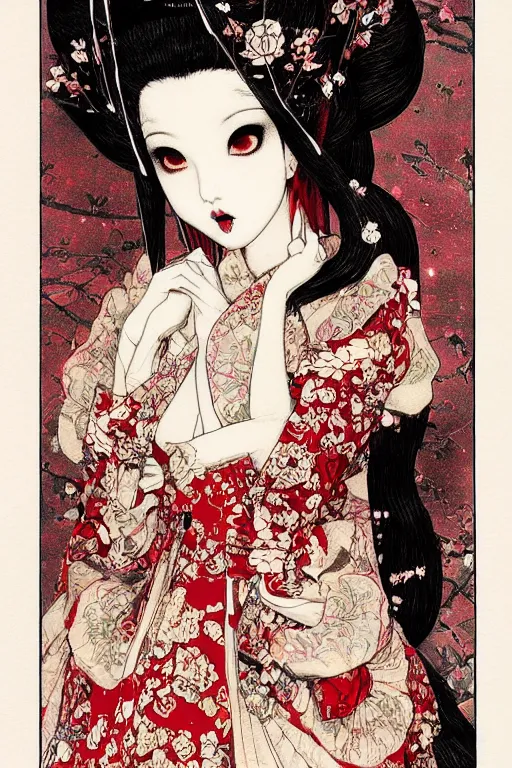 Image similar to avant - garde japanese bjd geisha vampire queen in victorian red dress in the style of dark - fantasy lolita fashion painted by yoshitaka amano, takato yamamoto, jgustav klimt, dmt art, symmetrical vogue face portrait, volumetrics, intricate detail, artstation, cgsociety, artgerm, gold skulls, rococo