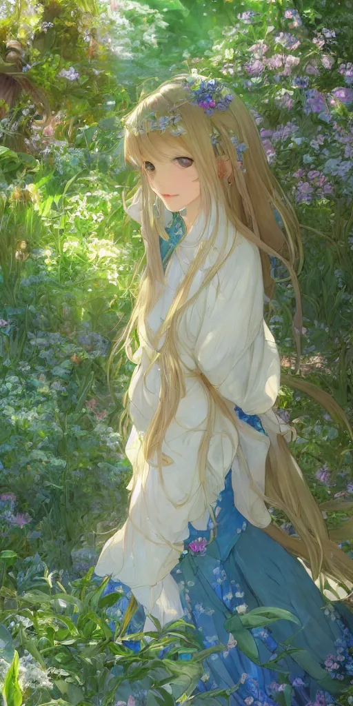 Prompt: a digital art of a loli with long hair in a dress in the privet garden at after noon, green and warm theme, blue flowers, low angle, back lighting, by krenz cushart and mucha and akihito yoshida and greg rutkowski, highly detailed, 4 k resolution, trending on art station