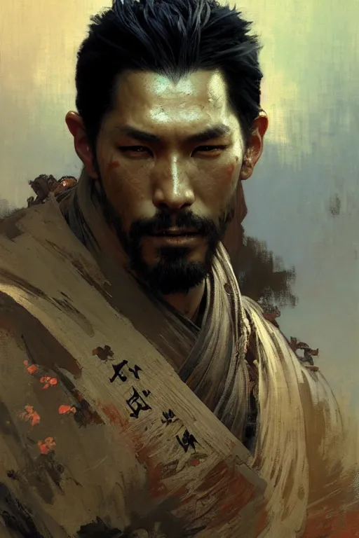 Image similar to attractive man, ghost of tsushima, cool colors, painting by gaston bussiere, craig mullins, greg rutkowski, alphonse mucha