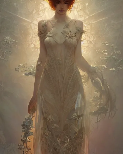 Prompt: Floralpunk elysian Maiden of radiant light wearing ivory lace dress made of stardust by Ruan Jia and artgerm, award winning art, Artstation, art nouveau aesthetic, Alphonse Mucha background