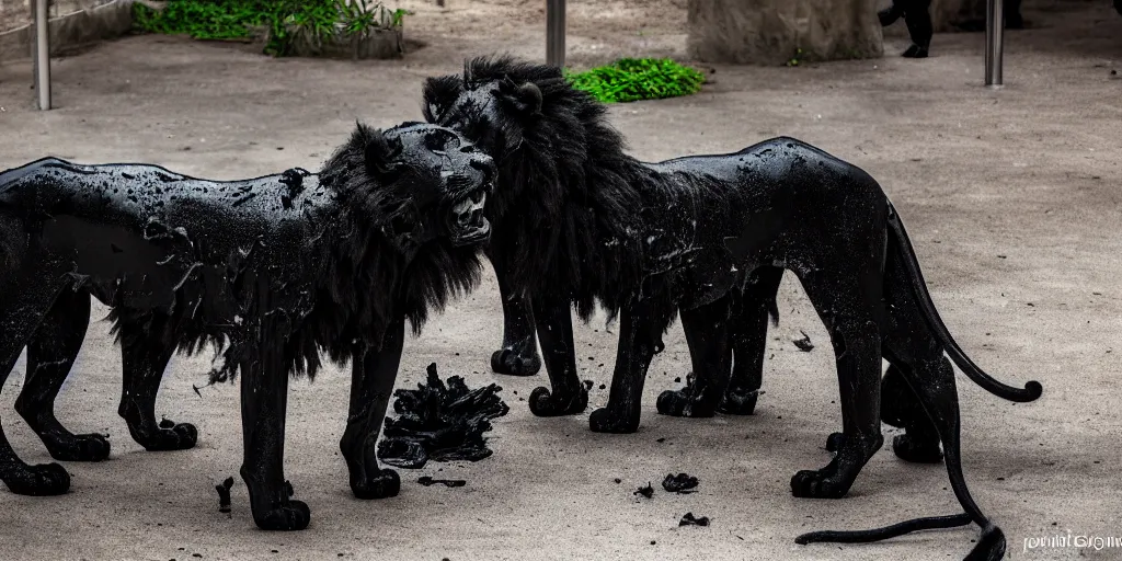 Image similar to the pack of smooth black lions, made of smooth black goo, in the zoo exhibit, viscous, sticky, full of black goo, covered with black goo, splattered black goo, dripping black goo, dripping goo, splattered goo, sticky black goo. photography, dslr, reflections, black goo, zoo, exhibit