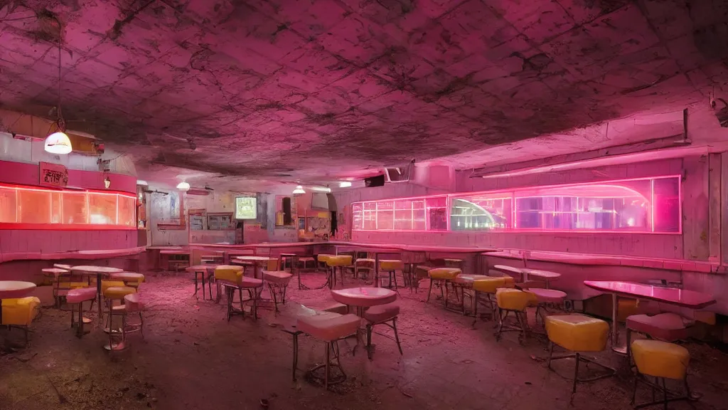 Prompt: the inside of an abandoned 5 0's diner at night, by lee madgwick, pink and orange neon lights, highly detailed interior, artstation trending, cryenging 8 k uhd