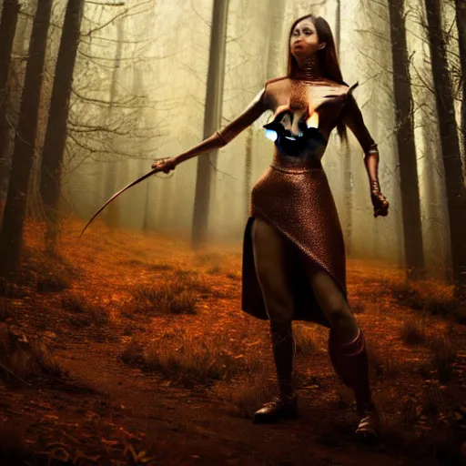 Image similar to highly detailed, ultra realistic, cinematic, woman full body with a copper nose and copper claws, high detail, 8 k, sharp focus, movie still, dramatic lighting, ray tracing, smooth, a female evil demonic character of kazakh mythology, jeztyrnak, standing in the night forrest