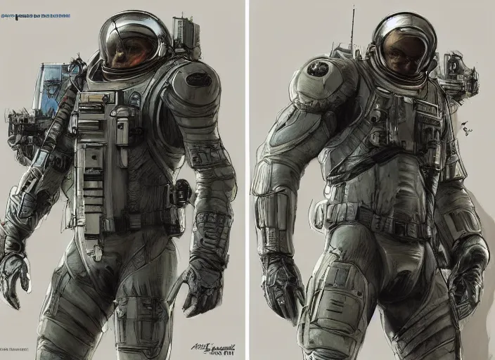 Image similar to front and back character view of Astronaut from Metal Gear Solid by Donato Giancola, Trending on artstation and pixiv concept art and sheet