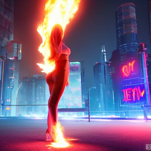 Prompt: young blonde woman from behind with flames dancing on her hands in a cyberpunk city, realistic, high definition, 4K, shimmering color, art of unreal engine 5