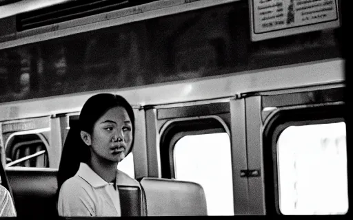 Image similar to Filipino college students ride a train, film still, ethereal, rule of thirds by Iwai Shunji