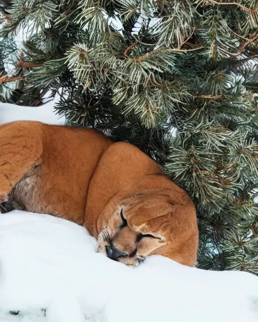 Image similar to hard cover book showing 'a cougar sleeping in the middle of snowy pine tree' laying on coffee table, zoomed out, HD, iphone screenshot