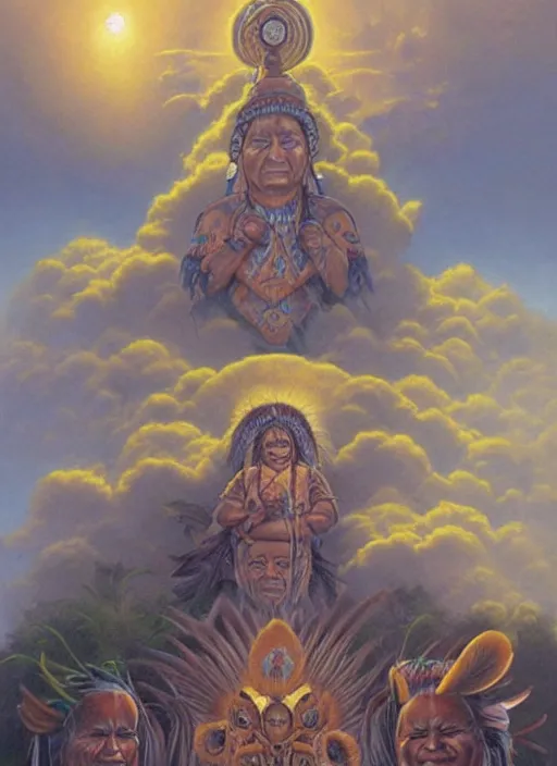 Prompt: faces of indigenous amazonian grandfathers and grandmothers spirits in the clouds, smiling, protection, benevolence, ancestors, detailed faces, symetrical, religious painting, art by christophe vacher and alex gray