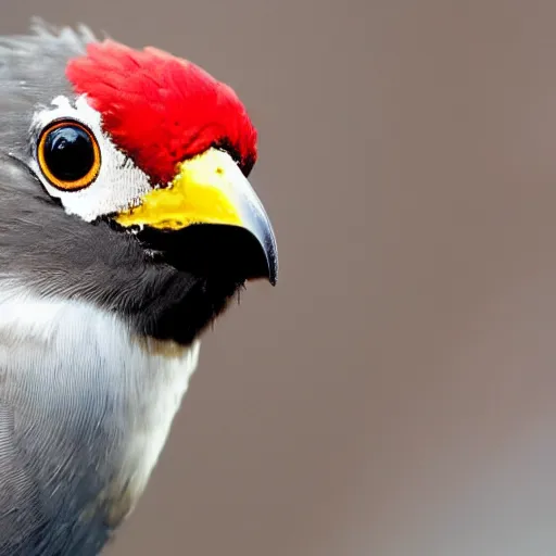 Image similar to bird stares face on into camera with quizzical expression, detailed cartoon