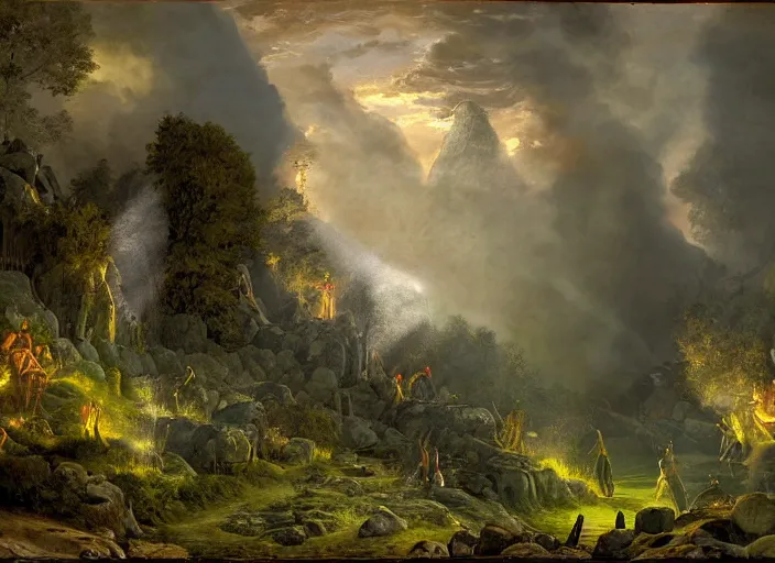 Prompt: a scene from hades, highly detailed, radiant lighting, green ambience, steam rising from rocky ground