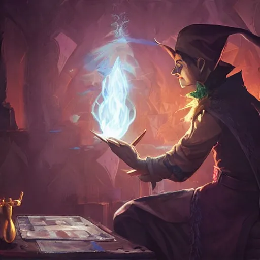 Image similar to magic elf magician performing a card trick, fantasy game art by greg rutkowski, fantasy rpg, league of legends