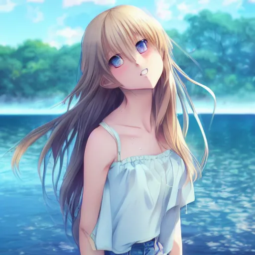 Image similar to a very beautiful anime girl, full body, long wavy blond hair, sky blue eyes, full round face, short smile, cute top, short jeans, summer lake setting, cinematic lightning, medium shot, mid-shot, highly detailed, trending on Artstation, Unreal Engine 4k, cinematic wallpaper by Stanley Artgerm Lau, WLOP, Rossdraws, James Jean, Andrei Riabovitchev, Marc Simonetti, and Sakimichan