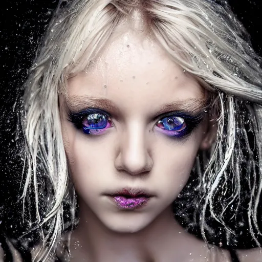 Prompt: A gorgeous blonde, grungy, unkept hair, glowing eyes, modelsociety, wet from rain, radiant skin, huge anime eyes, bright on black, dramatic, studio lighting, perfect face, intricate, Sony a7R IV, symmetric balance, polarizing filter, Photolab, Lightroom, 4K, Dolby Vision, Photography Award