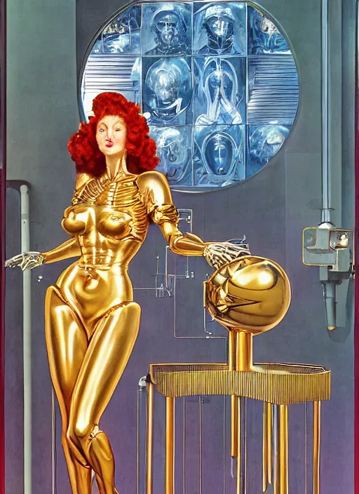 Image similar to Robotic beautiful oracle woman in silk golden robes posing in front of a science facility painted by Hajime Sorayama and Alberto Vargas, robotic bones , moebius, giger, mucha , tarot, dramatic lighting