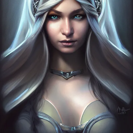 Prompt: portrait of a beautiful woman drow adventurer, ranger, Alexandria's genesis, chin-length hair, bored, illustration, soft lighting, soft details, hyper realism, high detailed, painting oil on canvas by mark arian by artgerm, trending on artstation, 4k, 8k, HD