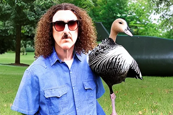 Image similar to weird al in a park with a goose