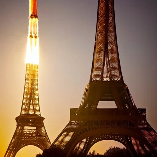 Image similar to Elon Musk sending the Eiffel tower to the moon as a rocket ship, trending photograph, 8k UHD