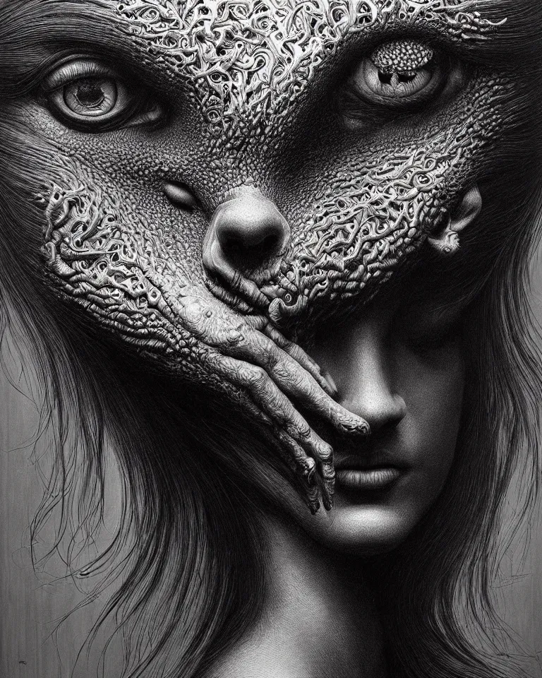 Image similar to ultra realist intricate detailed portrait of an attractive female turning into an animal, insanity, accurate features, apocalyptic, very intricate details, 8 k resolution, dim lighting, volumetric lighting, artstyle, zdzisław beksinski and keith thompson, award winning