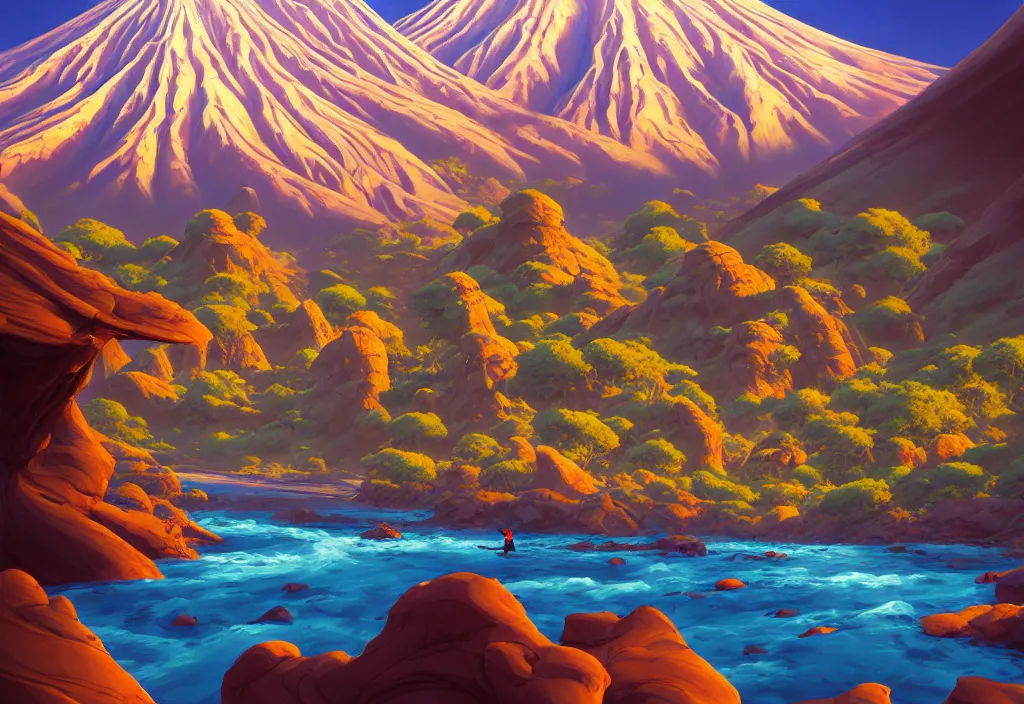 Image similar to dry canyon river with fishbones on the foreground and a volcano in the background, intricate oil painting, high detail illustration, sharp high detail, manga and anime 1 9 9 9, official fanart behance hd artstation by jesper ejsing and makoto shinkai, 4 k,