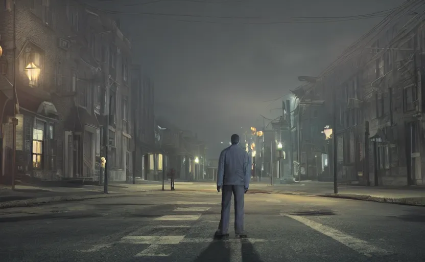 Prompt: a man standing in the middle of a street at night, a photorealistic painting by Gregory Crewdson, cgsociety, american scene painting, playstation 5 screenshot, matte painting, cryengine