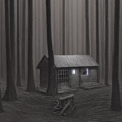 Image similar to a illustration of a eerie cabin in the middle of the woods in the style of beksinski