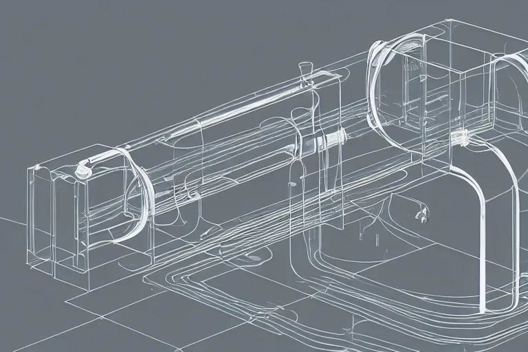 Image similar to vector monitor screen showing clear plastic pipes transporting liquid through an endless y 2 k crt lined tunnel, porcelain floating through, low - light photograph, in style of tyler mitchell