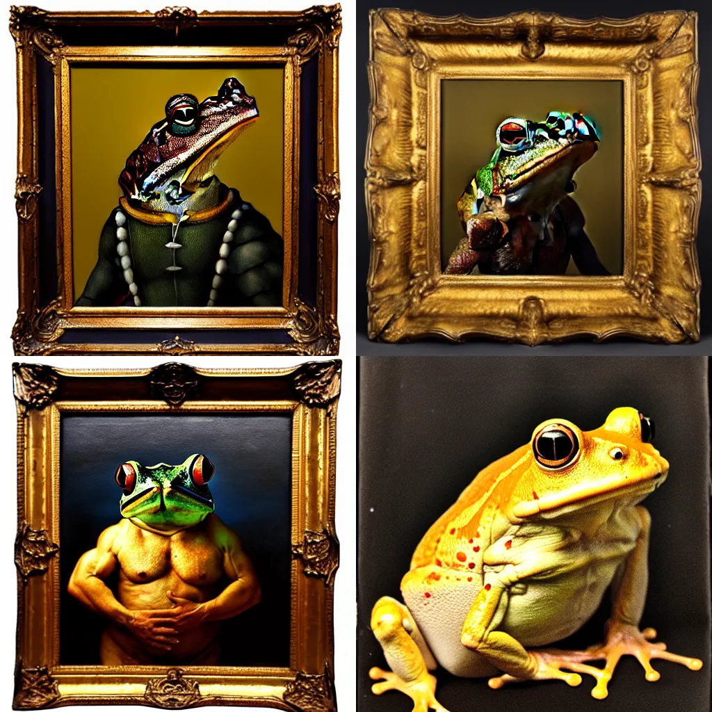 Prompt: subject: oversized muscular frog swat commander medium shot portrait, style: very heavy textured rembrandt oil painting with dramatic light