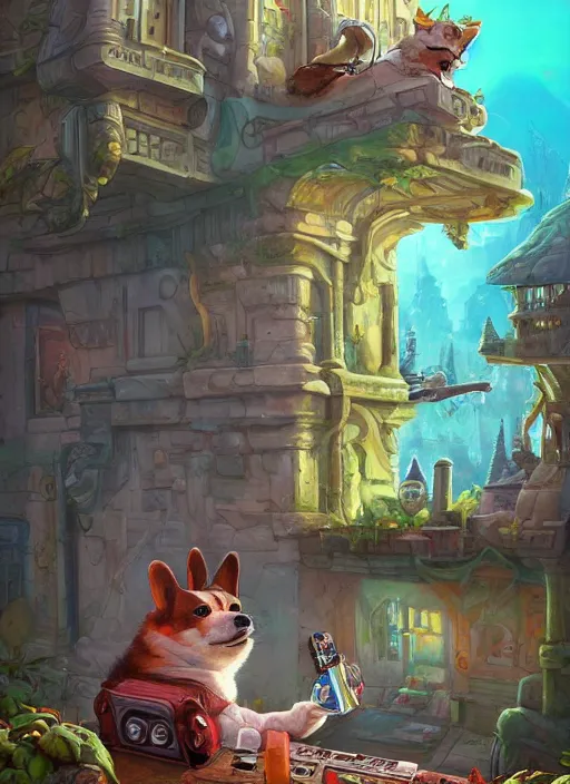 Prompt: beautiful fantasy painting scene of corgi assassin listening to lofi hiphop on his boombox in his palace, by James Gurney, Nikolina Petolas, Tyler Edlin. Trending on Artstation, 8k, masterpiece, graffiti paint, fine detail, full of color, intricate detail