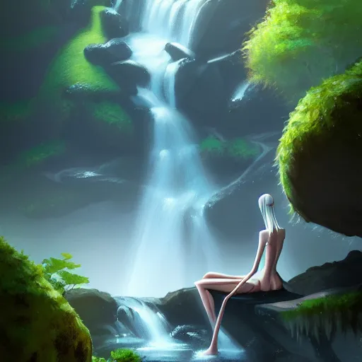 Image similar to beautiful photoshop commission of a slender dragon relaxing by a waterfall, digital painting, artstation, art by Jaime Jones