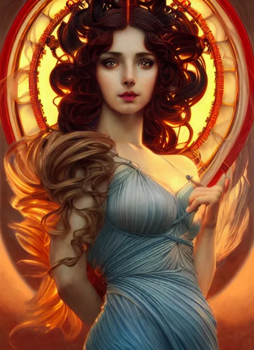 Image similar to the greek goddess hestia, hair made of fire, steampunk, glowing eyes, beautiful eyes, volumetric lights, red and cyan theme, art nouveau botanicals, intricate, highly detailed, digital painting, artstation, concept art, smooth, sharp focus, cinematic, illustration, beautiful face, art by artgerm and greg rutkowski and alphonse mucha