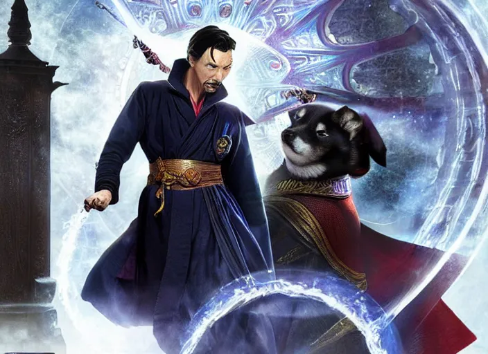 Prompt: dr. strange casting a shield spell in the metaverse with a shiba inu samurai at his feet, hyper realistic, highly detailed, perfect face, smooth, focus